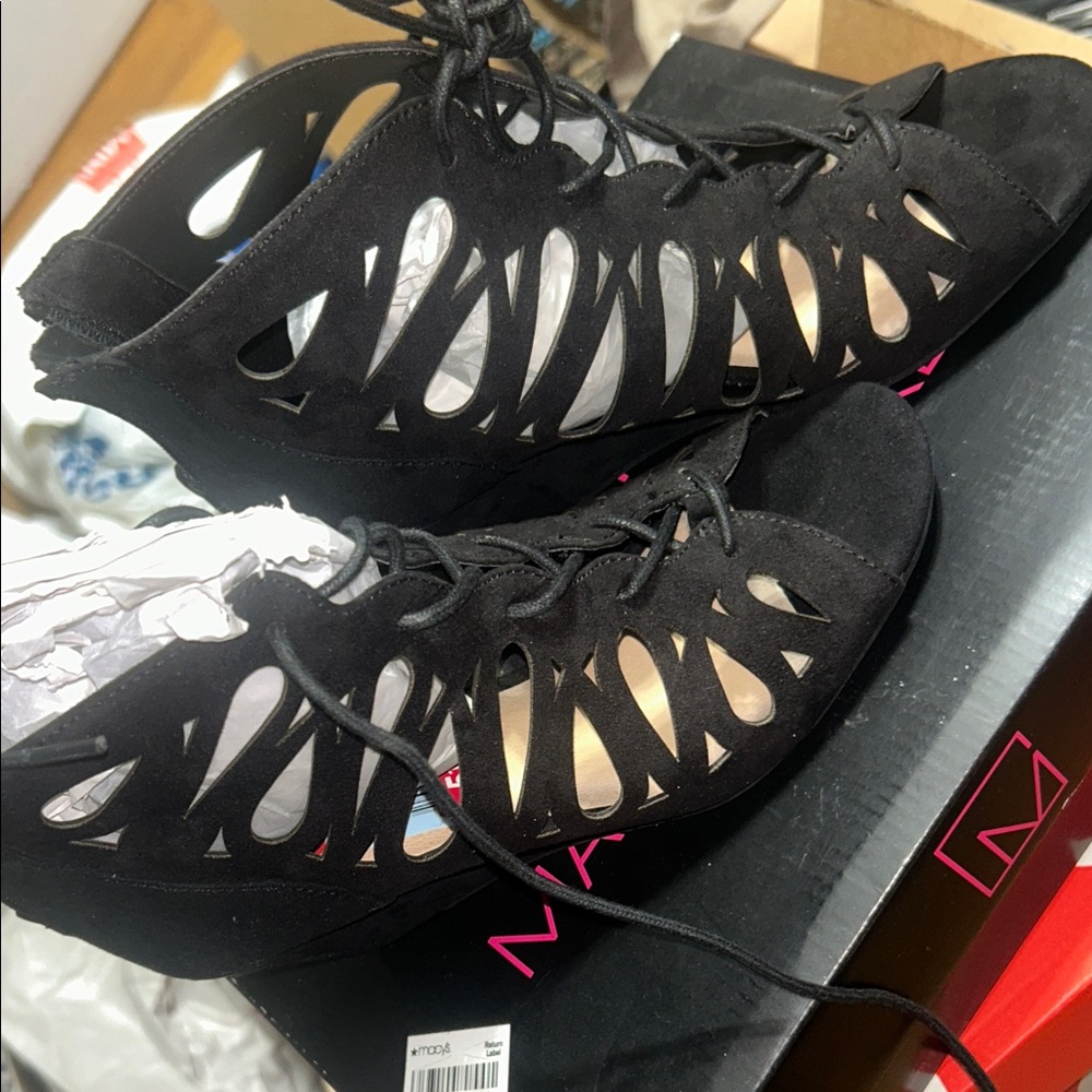 Material Girl Black Lace-Up Cutout heels used just to try on